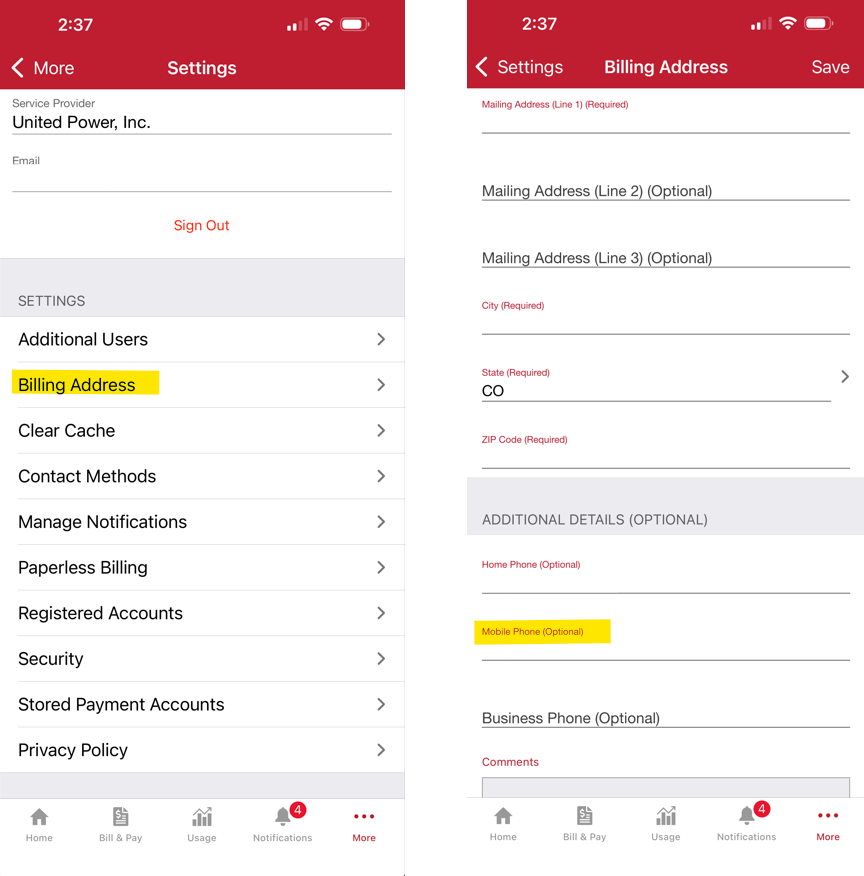 updating mobile number on app